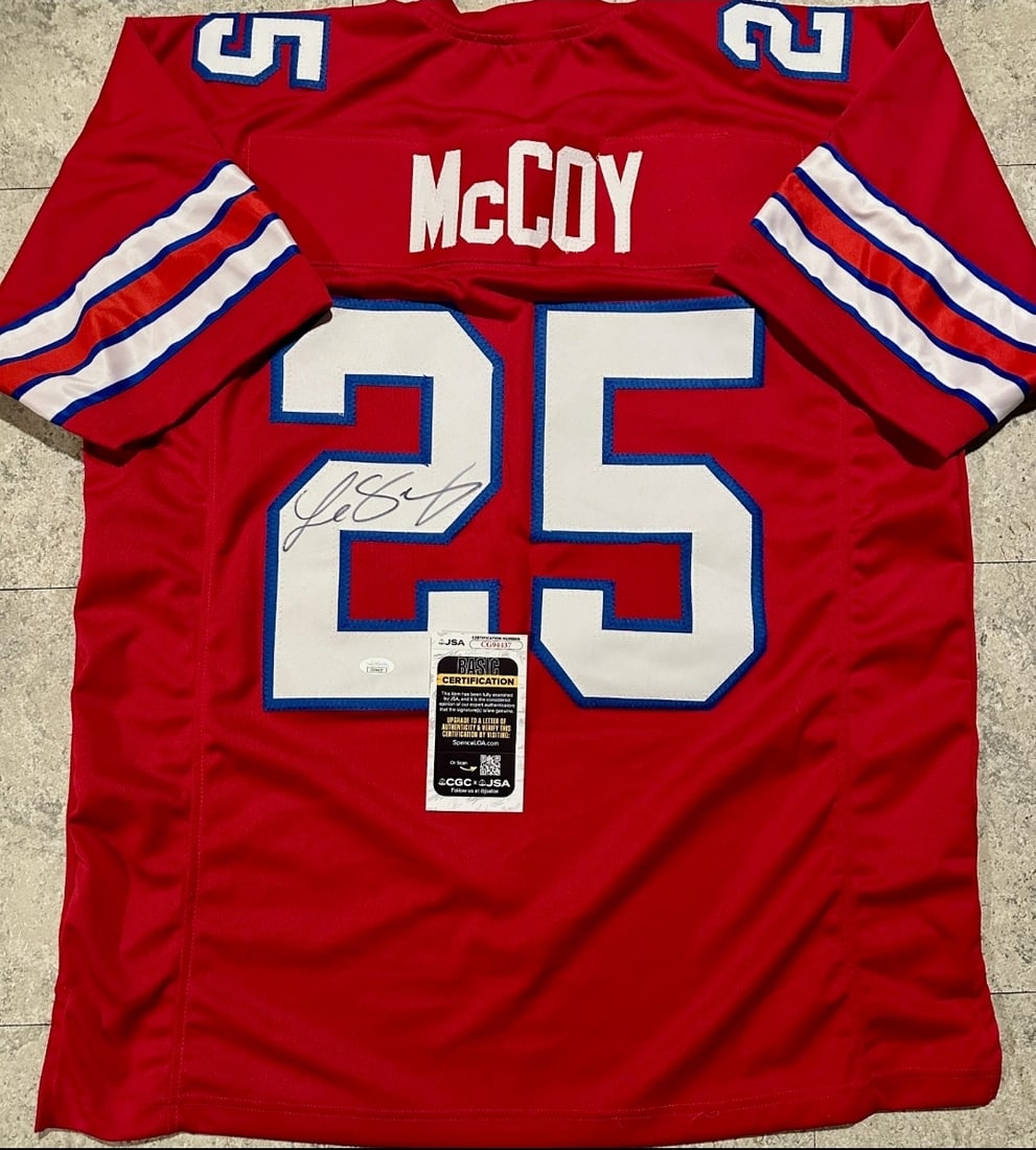 Autographed Lesean McCoy Buffalo Bills Custom Football Jersey JSA COA: Autographed Lesean McCoy Buffalo Bills Custom Football Jersey JSA COA ----- Autograph Location and coa number may vary JERSEY SIZE EXTRA LARGE - CUSTOM JERSEY MEANS NO LOGOS, NO TEAM NAMES, & NO
