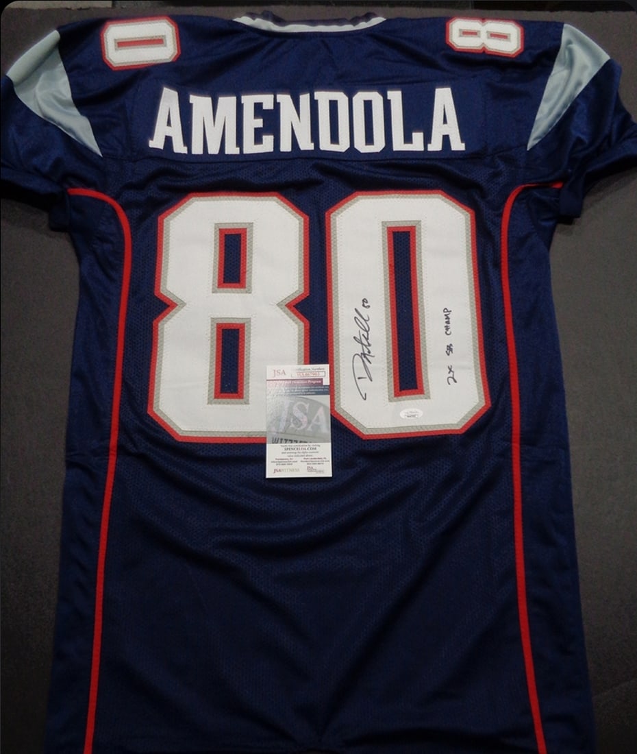 Danny Amendola New England Patriots Autographed & Insc Custom Blue Football Jersey coa: Danny Amendola New England Patriots Autographed & Inscribed Custom Blue Football Style Jersey JSA Witnessed coa - Autograph Location & coa # may vary JERSEY SIZE EXTRA LARGE - CUSTOM JERSEY MEANS NO L