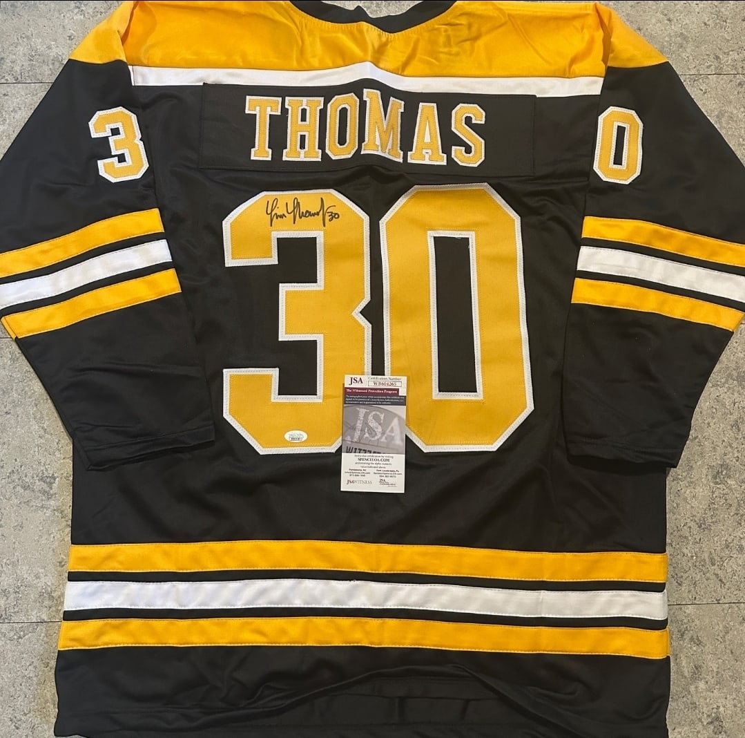 Tim Thomas Boston Bruins Autographed Custom Hockey Jersey JSA coa: Tim Thomas Boston Bruins Autographed Custom Hockey Jersey JSA Witnessed coa - JERSEY SIZE EXTRA LARGE - CUSTOM JERSEY MEANS NO LOGOS, NO TEAM NAMES, & NO BRAND NAMES 