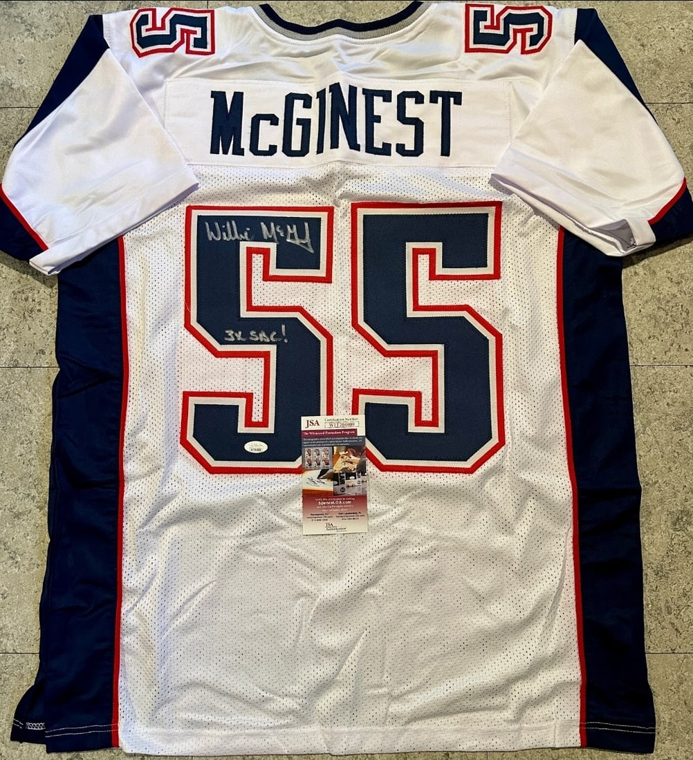 Willie McGinest New England Patriots Autographed & Ins Custom Football Jersey coa: Willie McGinest New England Patriots Autographed & Inscribed "3X SBC" Football Jersey JSA Witnessed coa - Autograph Location & coa # may vary JERSEY SIZE EXTRA LARGE - CUSTOM JERSEY MEANS NO LOGOS,