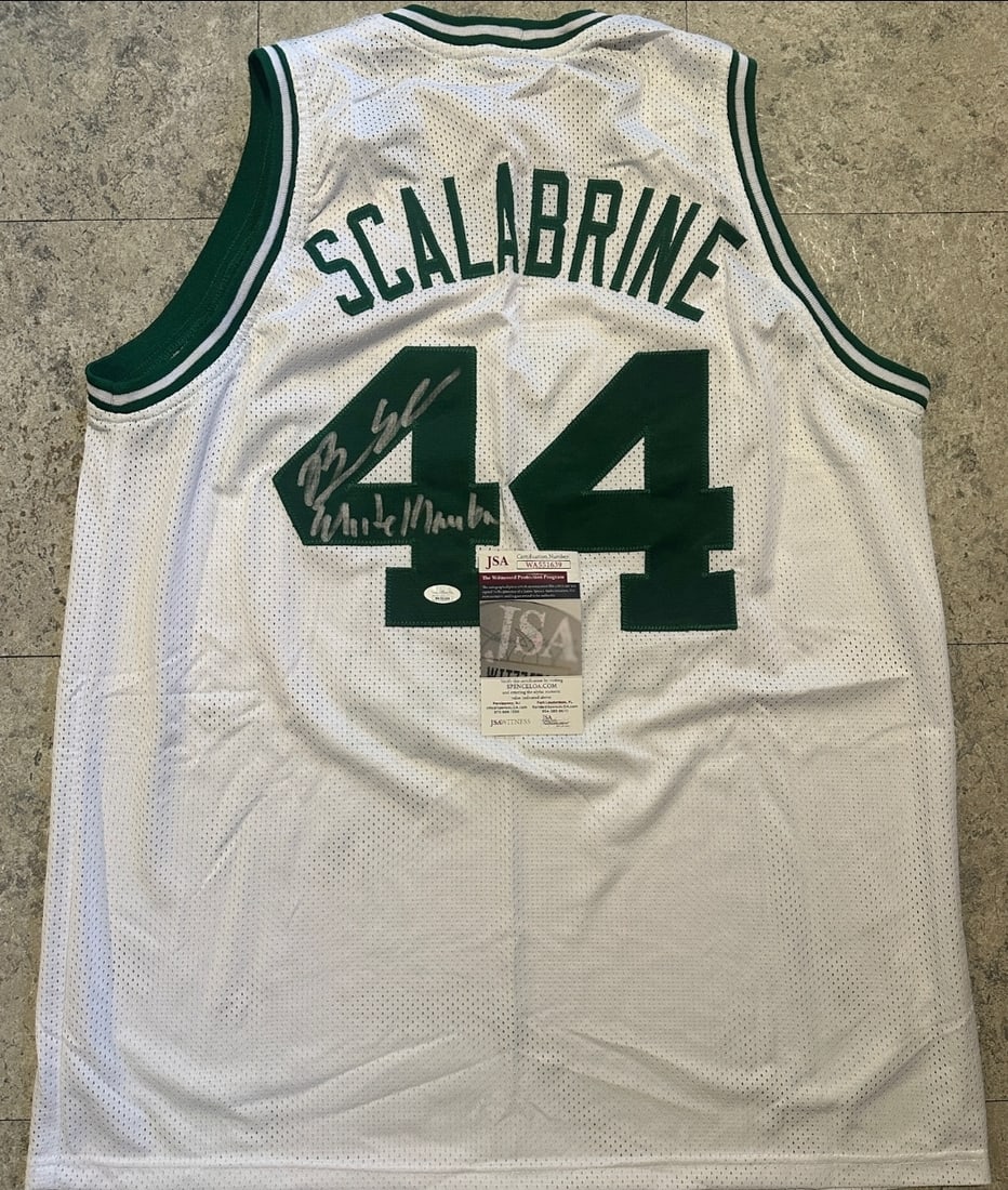 Brian Scalabrine Boston Celtics Autographed & Ins Custom Basketball Jersey JSA coa: Brian Scalabrine Boston Celtics Autographed & Inscribed Custom Basketball Style Jersey JSA Witnessed Hologram - THIS DOES NOT COME WITH A COA CARD! SCAN QR CODE TO VERIFY AUTHENTICITY! Autograph