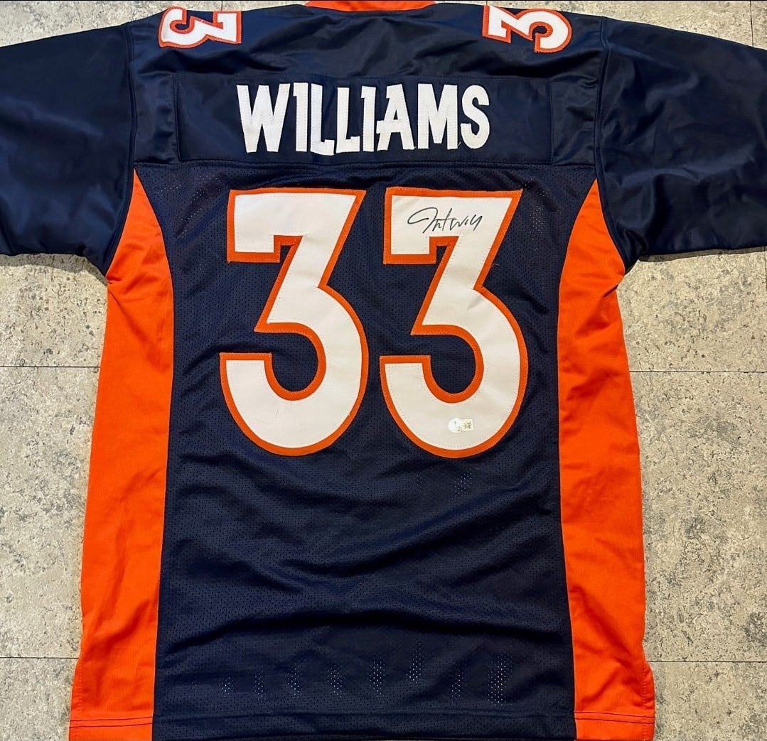 Javonte Williams Denver Broncos Autographed Custom Football Jersey Beckett Hologram: Javonte Williams Denver Broncos Autographed Custom Football Jersey Beckett Hologram Included (THERE IS NO COA CARDS WITH QR CODE HOLGRAMS - SCAN QR CODE WITH CAMERA ON YOUR PHONE OR TABLET TO VERIFY