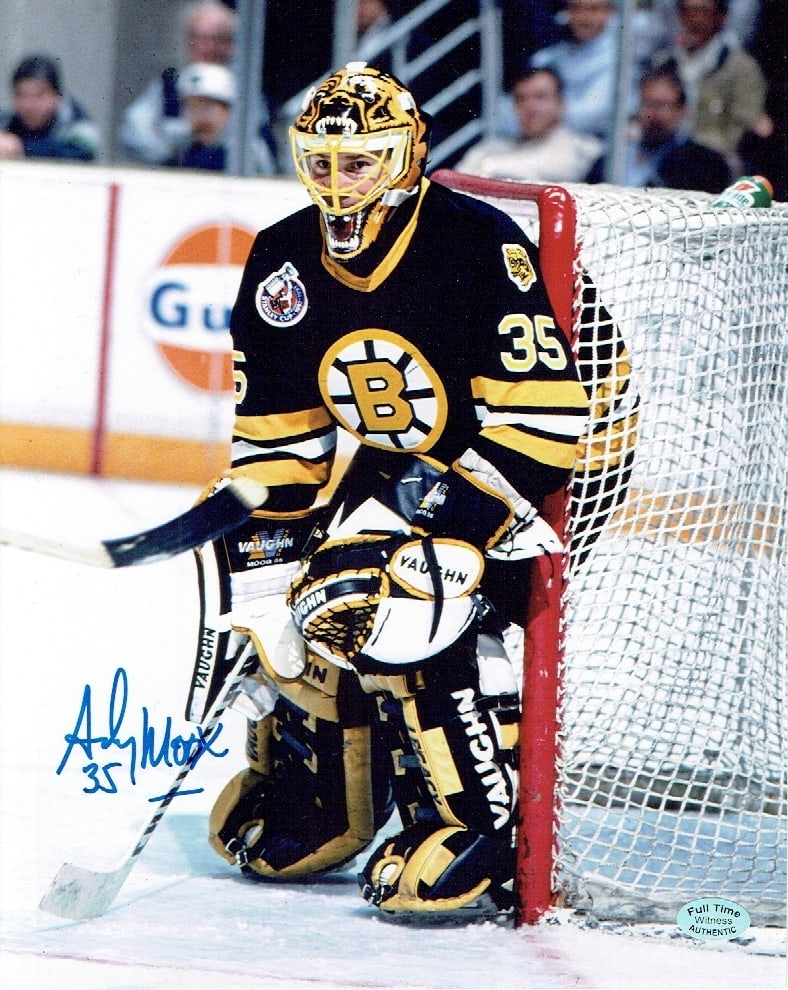 Andy Moog Boston Bruins Autographed 8x10 Photo coa: Andy Moog Boston Bruins Autographed 8x10 Photo w/Full Time Authentics coa - Autograph Location may vary 