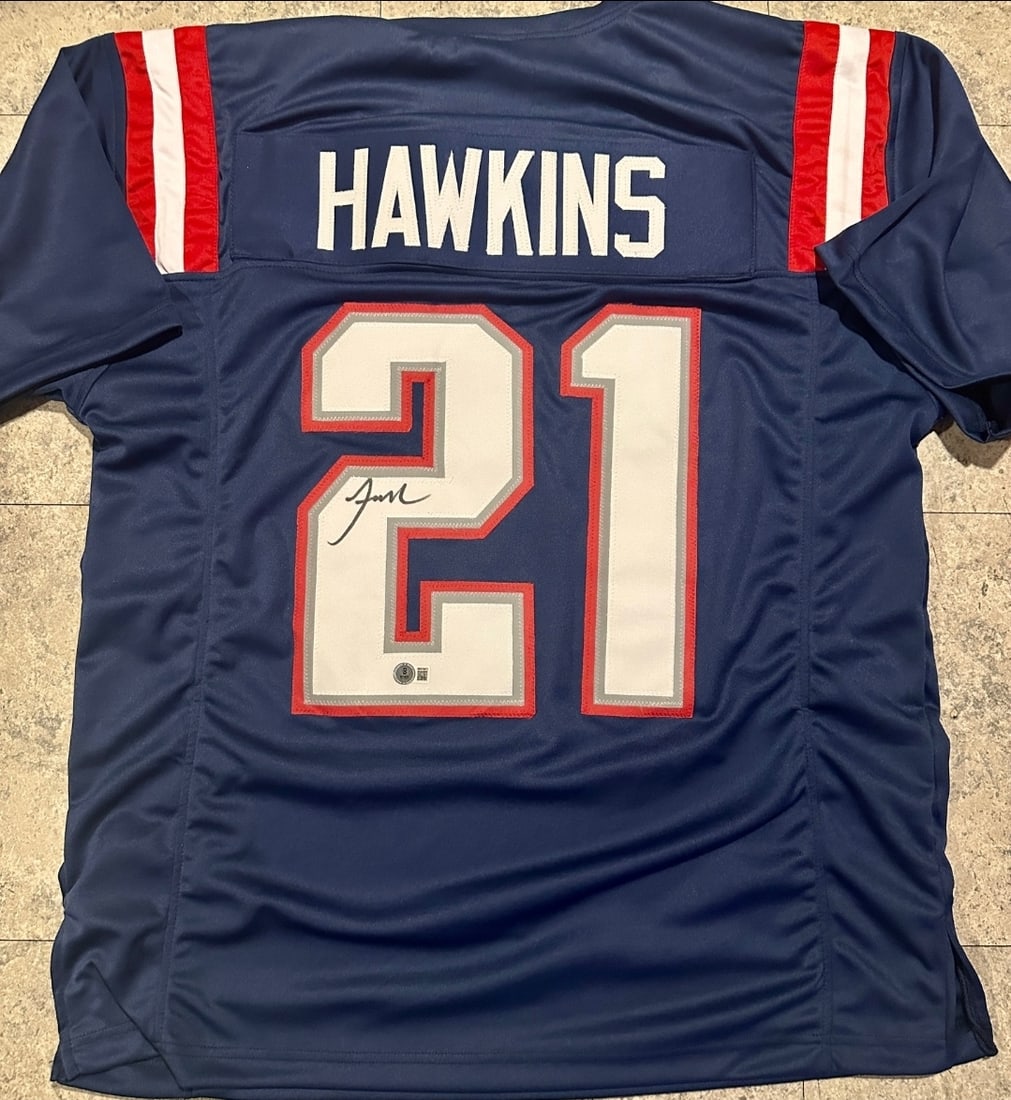 Jaylinn Hawkins New England Patriots Autographed Custom Football Jersey Beckett Hologram: Jaylinn Hawkins New England Patriots Autographed Football Style Jersey Beckett Witnessed Hologram - Autograph Location & coa # may vary JERSEY SIZE EXTRA LARGE - CUSTOM JERSEY MEANS NO LOGOS, NO TEAM