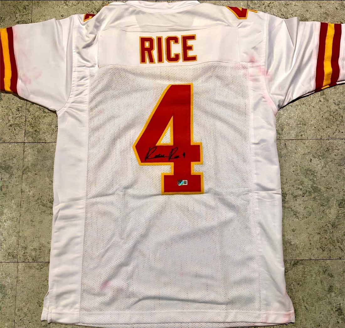 Rashee Rice Kansas City Chiefs Autographed Custom Football Jersey Beckett Holo [STAINED SEE DESCR]: Rashee Rice Kansas City Chiefs Autographed Custom Football Jersey Beckett Witnessed Hologram - There is Staining on the Jersey Check Photos (THERE IS NO COA CARDS WITH QR CODE HOLGRAMS - SCAN QR CODE