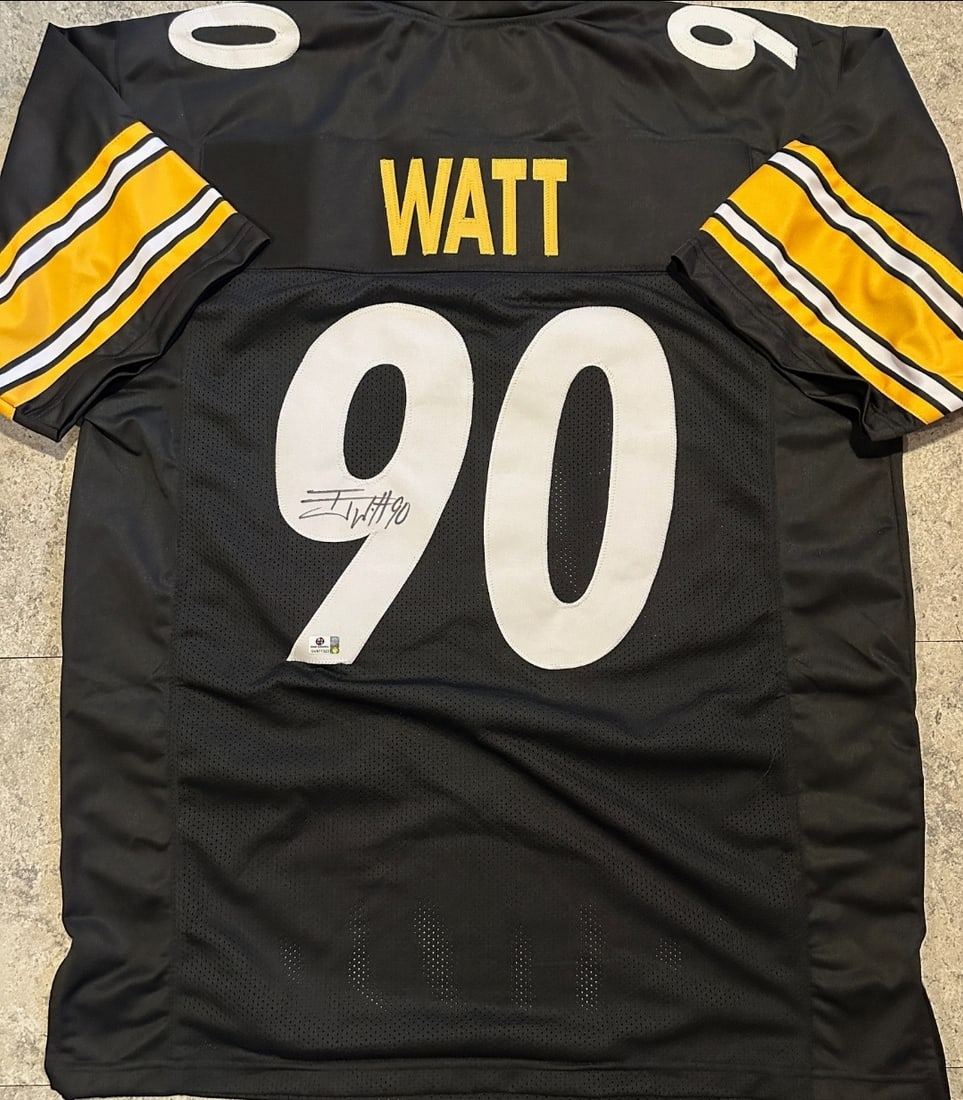 T.J. Watt Pittsburgh Steelers Autographed Custom Football Jersey coa: T.J. Watt Pittsburgh Steelers Autographed Custom Football Jersey GA coa - Autograph Location & coa # may vary JERSEY SIZE EXTRA LARGE - CUSTOM JERSEY MEANS NO LOGOS, NO TEAM NAMES, & NO BRAND NAMES 
