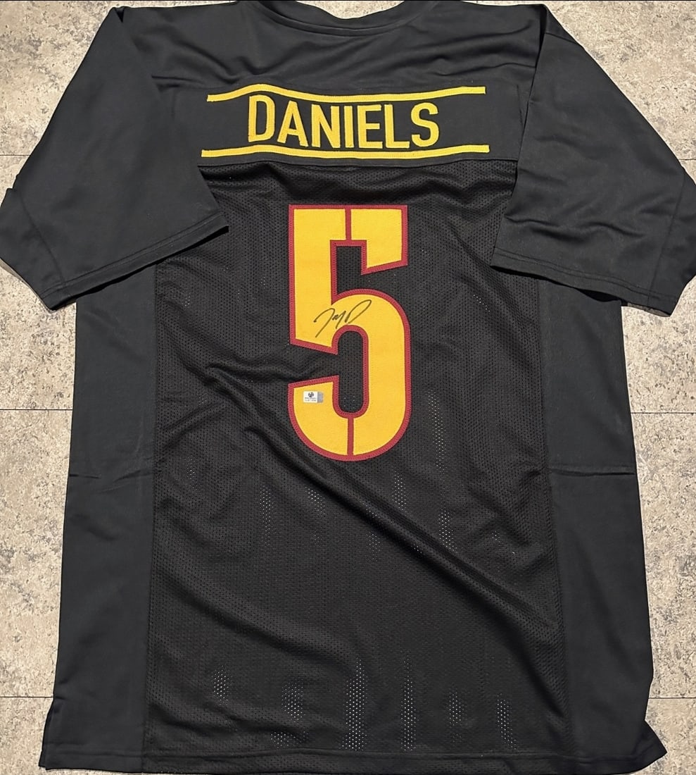 Jayden Daniels Washington Commanders Autographed Custom Football Jersey coa: Jayden Daniels Washington Commanders Autographed Custom Football Jersey GA coa - JERSEY SIZE EXTRA LARGE - CUSTOM JERSEY MEANS NO LOGOS, NO TEAM NAMES, & NO BRAND NAMES 