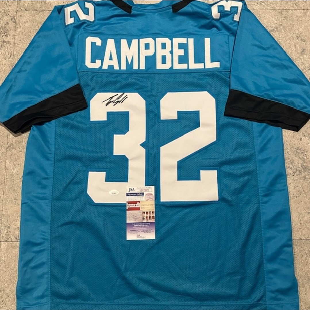 Tyson Campbell Jacksonville Jaguars Autographed Custom Football Jersey JSA Signature Debut coa: Tyson Campbell Jacksonville Jaguars Autographed Custom Football Jersey JSA Signature Debut coa - JERSEY SIZE EXTRA LARGE - CUSTOM JERSEY MEANS NO LOGOS, NO TEAM NAMES, & NO BRAND NAMES 
