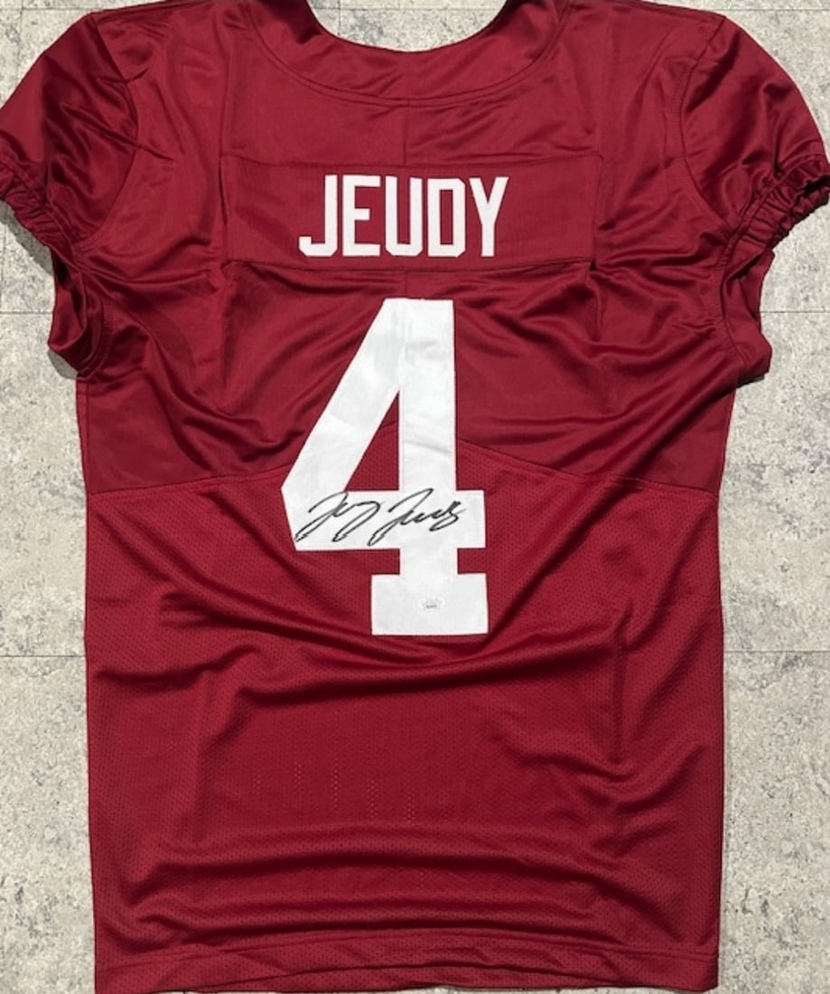 Jerry Jeudy Alabama Crimson Tide Autographed Custom Football Jersey JSA Sticker Only: Jerry Jeudy Alabama Crimson Tide Autographed Custom Football Jersey JSA Sticker Only - JERSEY SIZE EXTRA LARGE - CUSTOM JERSEY MEANS NO LOGOS, NO TEAM NAMES, & NO BRAND NAMES 