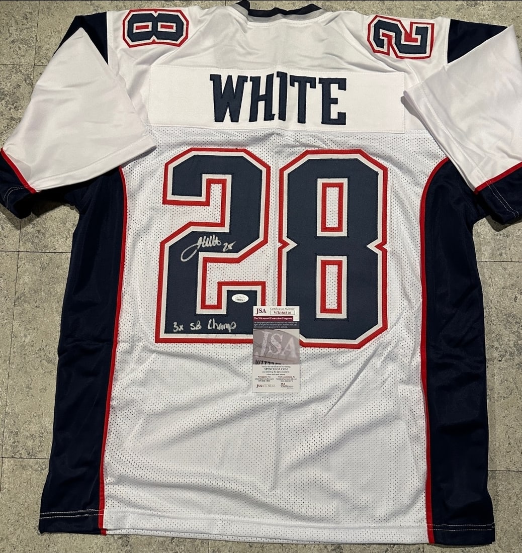 James White New England Patriots Autographed & Inscr Custom Football Jersey JSA coa: James White New England Patriots Autographed & Inscribed "3x SB Champ" Football Style Jersey JSA Witnessed coa - Autograph Location & coa # may vary JERSEY SIZE EXTRA LARGE - CUSTOM JERSEY MEANS NO