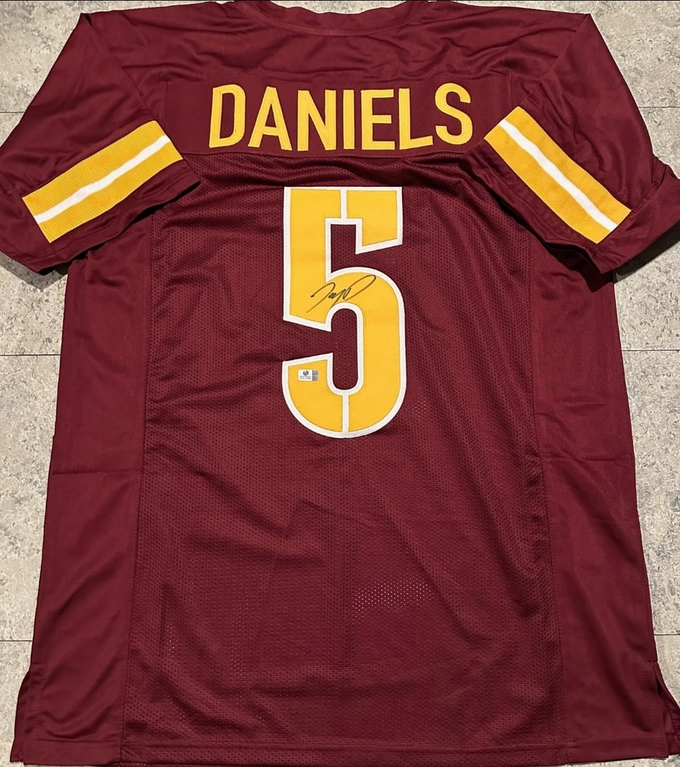Jayden Daniels Washington Commanders Autographed Custom Football Jersey coa: Jayden Daniels Washington Commanders Autographed Custom Football Jersey GA coa - JERSEY SIZE EXTRA LARGE - CUSTOM JERSEY MEANS NO LOGOS, NO TEAM NAMES, & NO BRAND NAMES 