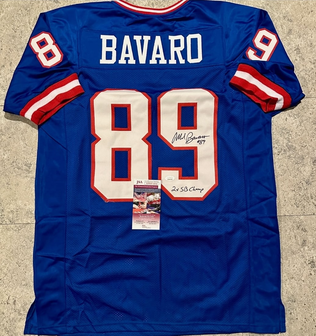 Mark Bavaro New York Giants Autographed & Inscribed Custom Jersey JSA W coa: Mark Bavaro New York Giants Autographed & Inscribed "2x SB CHAMP" Custom Football Style Jersey w/JSA Witnessed coa - Autograph Location & coa # may vary JERSEY SIZE EXTRA LARGE - CUSTOM JERSEY MEANS