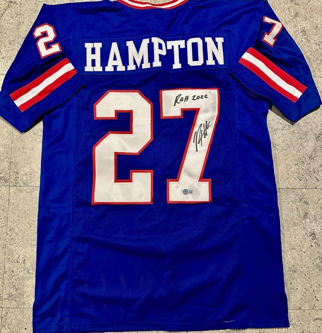 Rodney Hampton New York Giants Autographed & Insc Custom Football Jersey with Beckett Hologram: Rodney Hampton New York Giants Autographed & Inscribed Custom Football Jersey with Beckett QR Hologram Included (THERE IS NO COA CARDS WITH QR CODE HOLGRAMS - SCAN QR CODE WITH CAMERA TO VERIFY