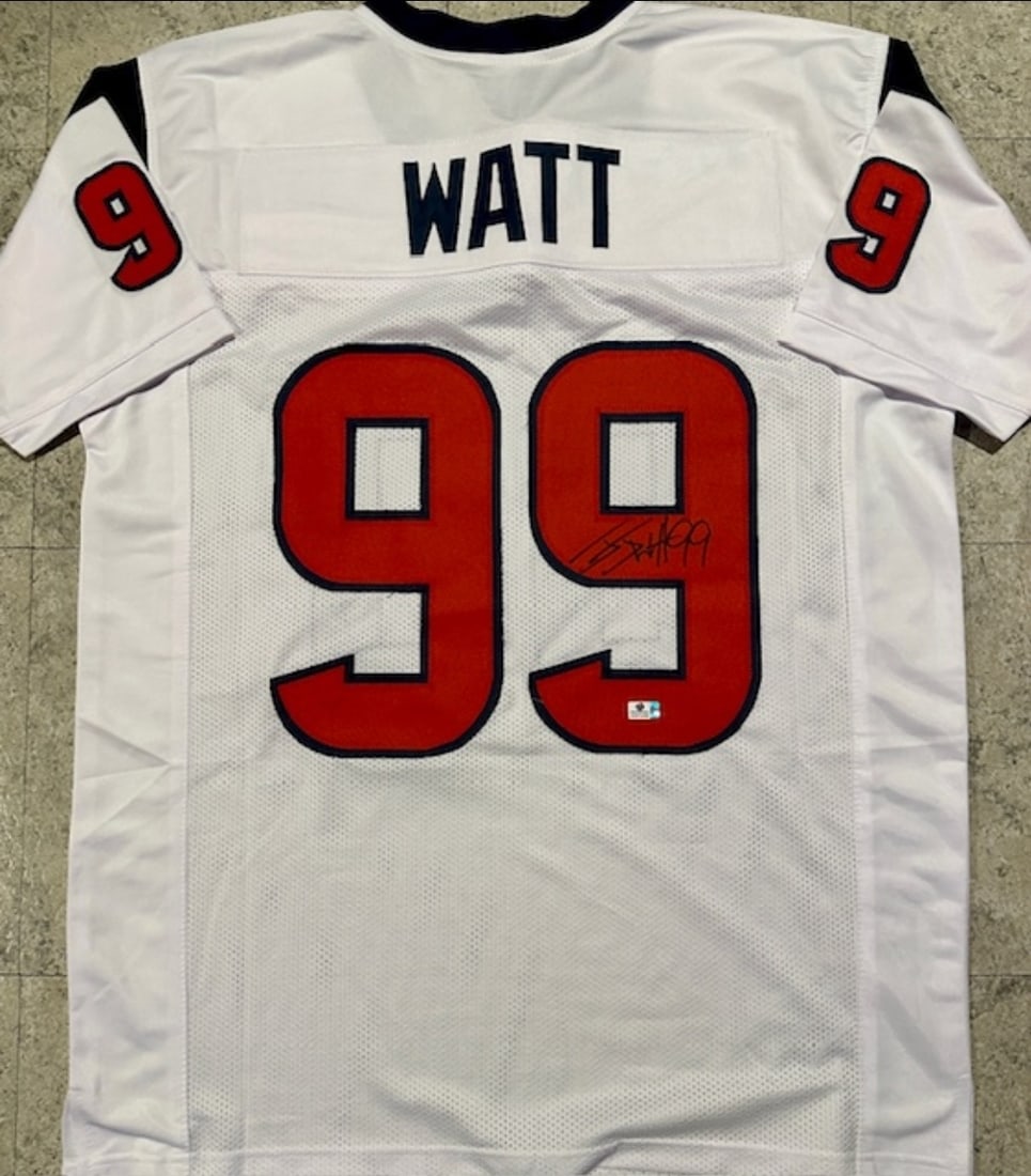 J.J. Watt Houston Texans Autographed Custom Football Jersey coa: J.J. Watt Houston Texans Autographed Custom Football Jersey GA coa - Autograph Location & coa # may vary JERSEY SIZE EXTRA LARGE - CUSTOM JERSEY MEANS NO LOGOS, NO TEAM NAMES, & NO BRAND NAMES