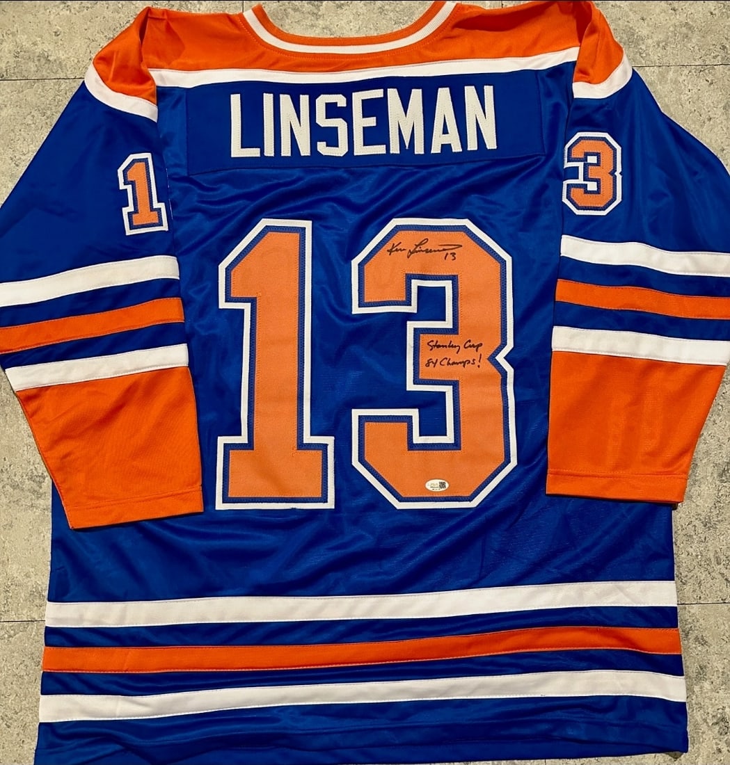 Ken Linseman Edmonton Oilers Autographed & Inscribed Custom Blue Hockey Jersey Hologram: Ken Linseman Edmonton Oilers Autographed & Inscribed "Stanley Cup 84 Champs!" Custom Blue Hockey Jersey JSA Witnessed QR Hologram - THIS DOES NOT COME WITH A COA CARD! SCAN QR CODE TO VERIFY
