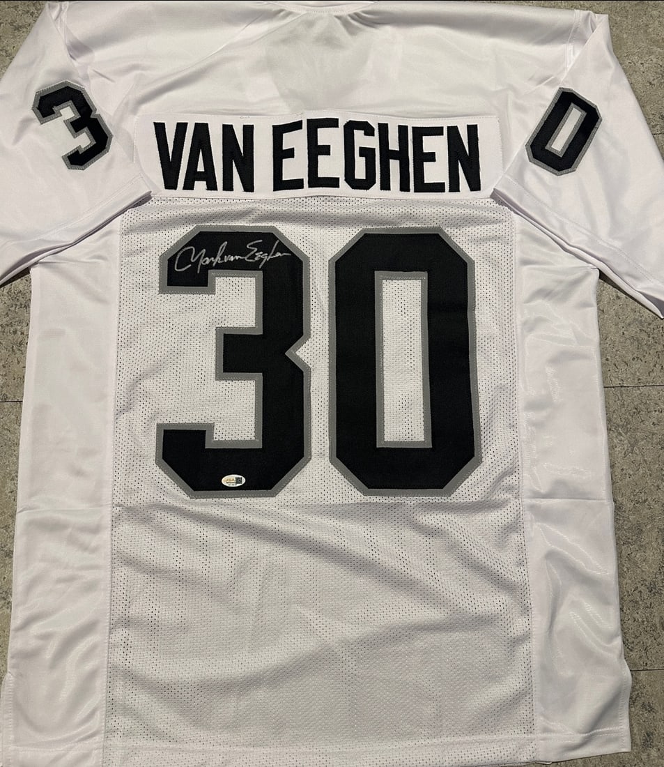 Mark Van Eeghan Oakland Raiders Autographed Custom Football Jersey JSA Hologram: Mark Van Eeghan Oakland Raiders Autographed Custom Football Jersey JSA Witnessed Hologram - THIS DOES NOT COME WITH A COA CARD! SCAN QR CODE TO VERIFY AUTHENTICITY! Autograph Location & coa # may