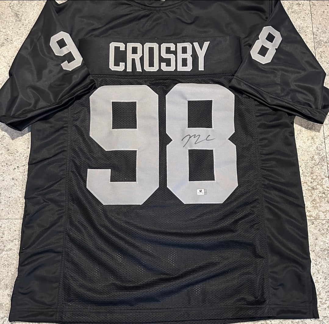 Maxx Crosby Las Vegas Raiders Autographed Custom Football Jersey coa: Maxx Crosby Las Vegas Raiders Autographed Custom Football Jersey GA coa - Autograph Location & coa # may vary JERSEY SIZE EXTRA LARGE - CUSTOM JERSEY MEANS NO LOGOS, NO TEAM NAMES, & NO BRAND NAMES