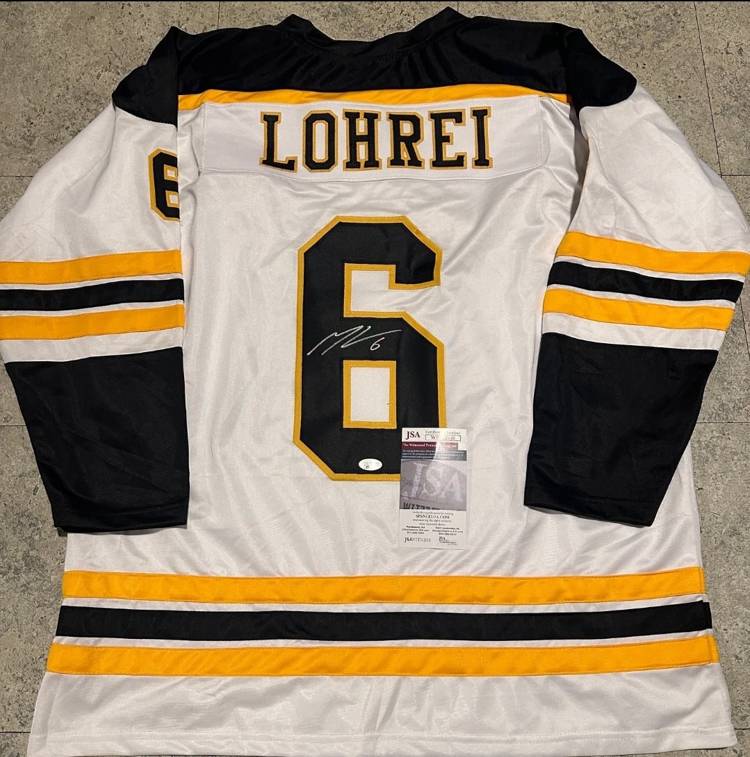 Mason Lohrei Boston Bruins Autographed Custom Hockey Jersey JSA coa: Mason Lohrei Boston Bruins Autographed Custom Hockey Jersey w/JSA Witnessed coa - Autograph Location & coa # may vary JERSEY SIZE EXTRA LARGE - CUSTOM JERSEY MEANS NO LOGOS, NO TEAM NAMES, & NO BRAND