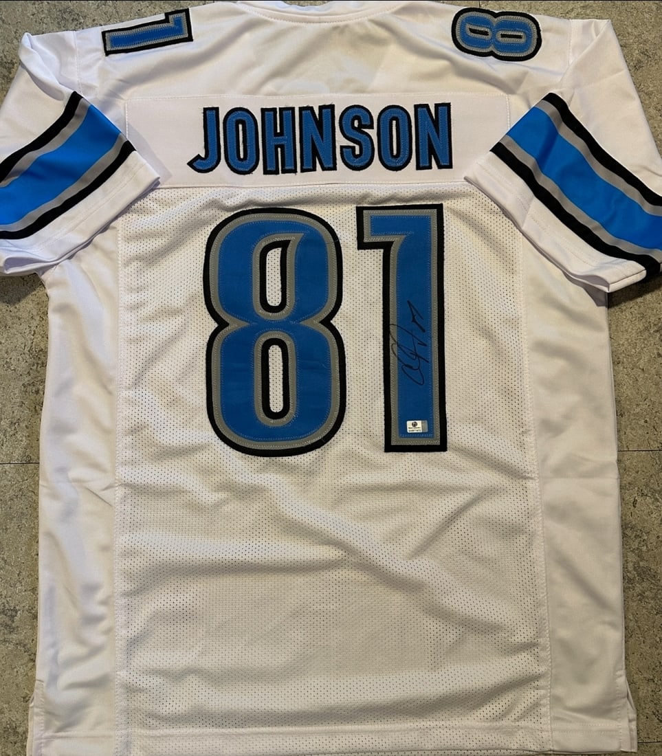 Calvin Johnson Detroit Lions Autographed Custom Football Jersey coa: Calvin Johnson Detroit Lions Autographed Custom Football Style Jersey w/GA coa - Autograph Location & coa # may vary JERSEY SIZE EXTRA LARGE - CUSTOM JERSEY MEANS NO LOGOS, NO TEAM NAMES, & NO BRAND N