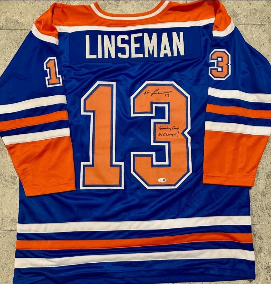 Ken Linseman Edmonton Oilers Autographed & Inscribed Custom Blue Hockey Jersey Hologram: Ken Linseman Edmonton Oilers Autographed & Inscribed "Stanley Cup 84 Champs!" Custom Blue Hockey Jersey JSA Witnessed QR Hologram - THIS DOES NOT COME WITH A COA CARD! SCAN QR CODE TO VERIFY AUTHENTIC