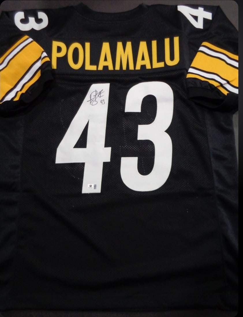 Troy Polamalu Pittsburgh Steelers Autographed Custom Football Jersey coa: Troy Polamalu Pittsburgh Steelers Autographed Custom Football Jersey GA coa - Autograph Location & coa # may vary JERSEY SIZE EXTRA LARGE - CUSTOM JERSEY MEANS NO LOGOS, NO TEAM NAMES, & NO BRAND