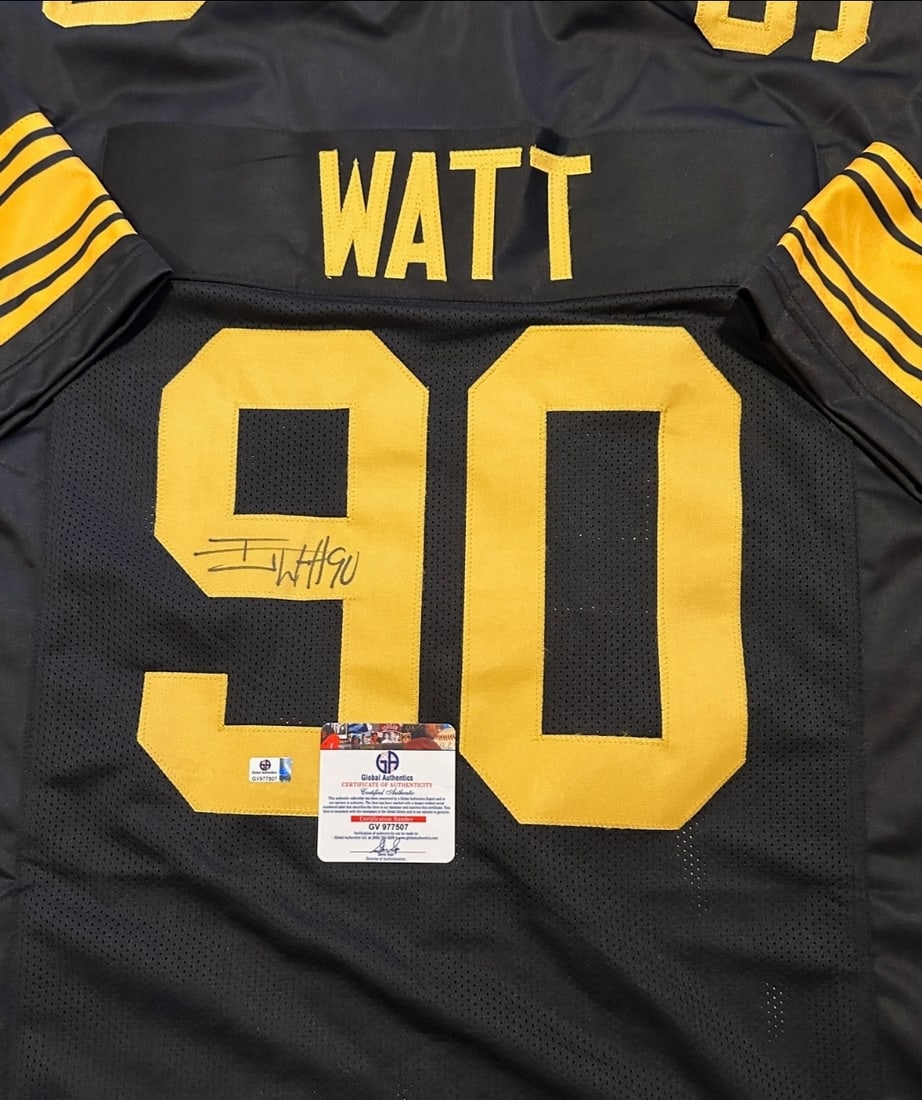 T.J. Watt Pittsburgh Steelers Autographed Custom Football Jersey coa: T.J. Watt Pittsburgh Steelers Autographed Custom Football Jersey GA coa - Autograph Location & coa # may vary JERSEY SIZE EXTRA LARGE - CUSTOM JERSEY MEANS NO LOGOS, NO TEAM NAMES, & NO BRAND NAMES