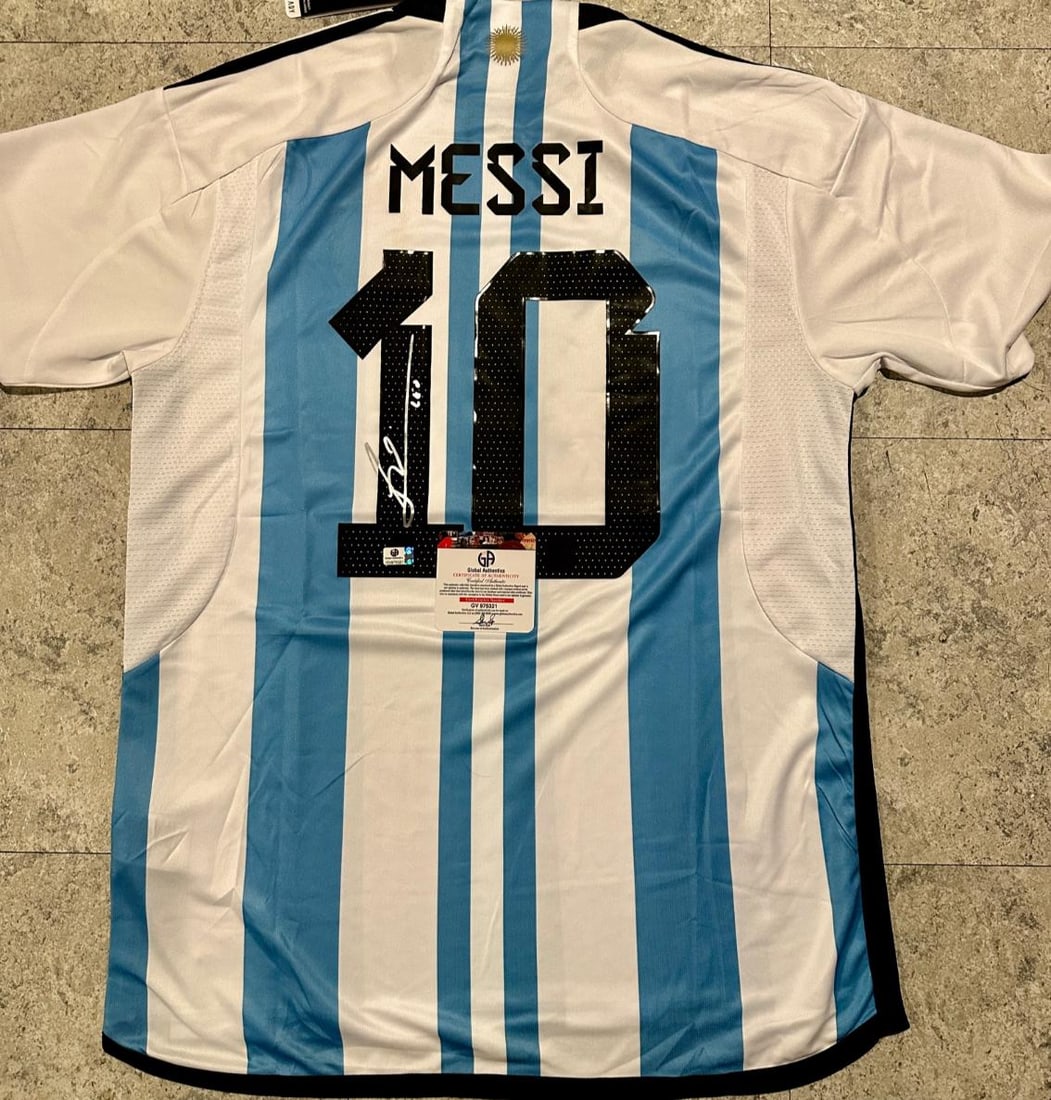 Lionel Messi Argentina Autographed 2022 Adidas FIFA World Cup Home Soccer Jersey coa: Lionel Messi Argentina Autographed Adidas 2022 FIFA World Cup Home Soccer Jersey GA coa - Autograph Location & coa # may vary JERSEY SIZE EXTRA LARGE