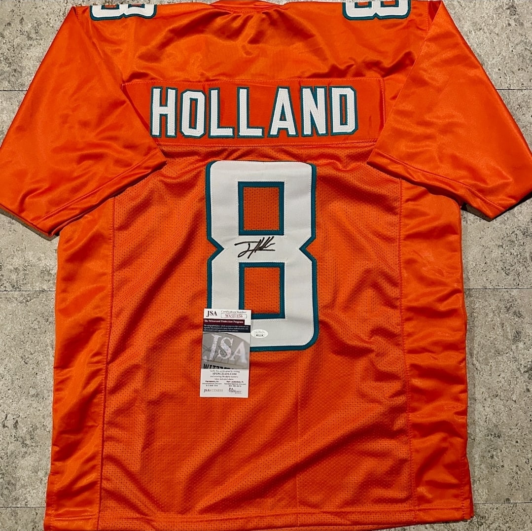 Jevon Holland Miami Dolphins Autographed Custom Football Jersey JSA W coa: Jevon Holland Miami Dolphins Autographed Custom Football Jersey JSA Witnessed coa - Autograph Location & coa # may vary JERSEY SIZE EXTRA LARGE - CUSTOM JERSEY MEANS NO LOGOS, NO TEAM NAMES, & NO
