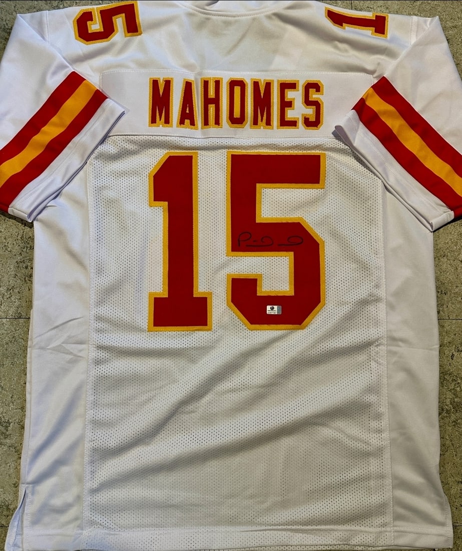 Patrick Mahomes Kansas City Chiefs Autographed Custom Football Jersey coa: Patrick Mahomes Kansas City Chiefs Autographed Custom Football Jersey GA coa - Autograph Location & coa # may vary JERSEY SIZE EXTRA LARGE - CUSTOM JERSEY MEANS NO LOGOS, NO TEAM NAMES, & NO BRAND