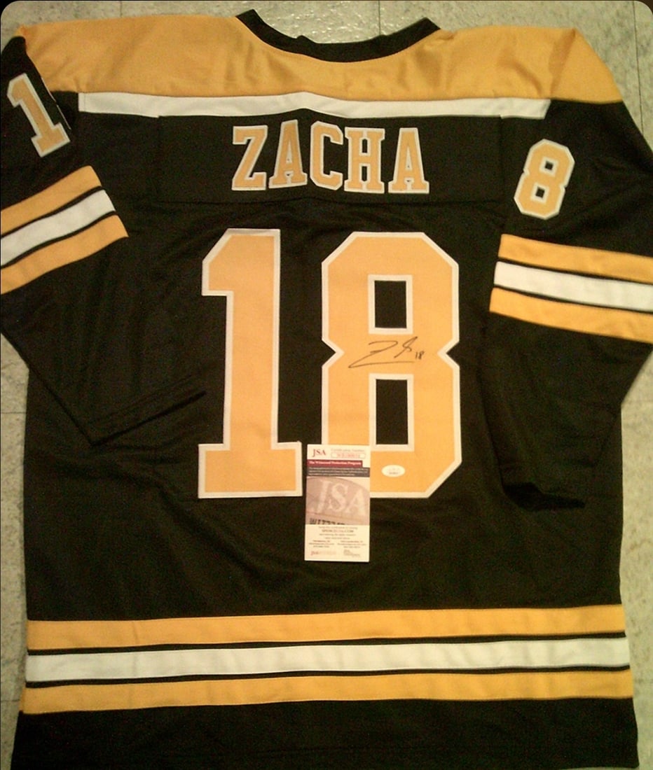 Pavel Zacha Boston Bruins Autographed Custom Hockey Jersey JSA coa: Pavel Zacha Boston Bruins Autographed Custom Hockey Jersey w/JSA Witnessed coa - Autograph Location & coa # may vary JERSEY SIZE EXTRA LARGE - CUSTOM JERSEY MEANS NO LOGOS, NO TEAM NAMES, & NO BRAND