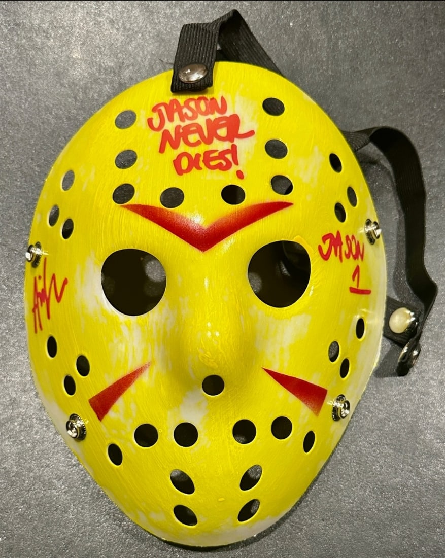Ari Lehman JASON Friday the 13th Autographed & Inscribed Yellow Mask JSA HOLOGRAM: Ari Lehman JASON Friday the 13th Autographed & Inscribed "JASON 1" & "JASON NEVER DIES!" Yellow Mask JSA WITNESSED QR HOLOGRAM INCLUDED (THERE IS NO COA CARDS WITH QR CODE HOLGRAMS - SCAN QR CODE
