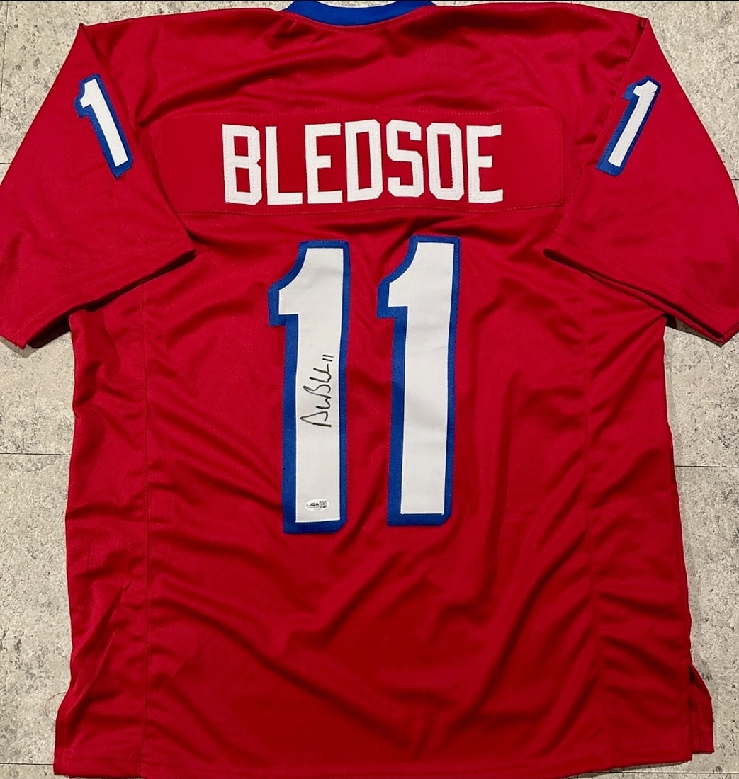 Drew Bledsoe New England Patriots Autographed Custom Football Jersey JSA Hologram: Drew Bledsoe New England Patriots Autographed Custom Football Jersey Beckett QR HOLOGRAM (THERE IS NO COA CARDS WITH QR CODE HOLGRAMS - SCAN QR CODE WITH CAMERA TO VERIFY AUTHENTICITY) - Autograph