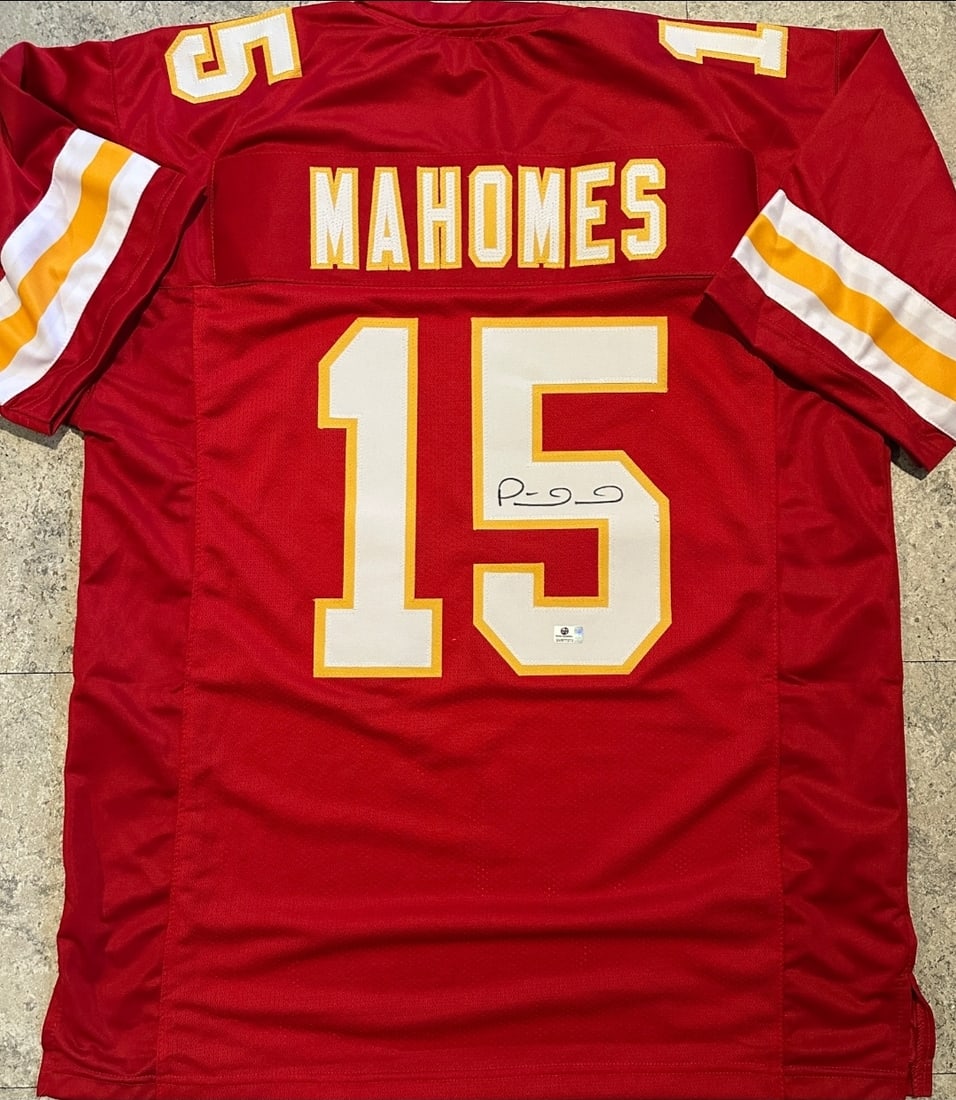 Patrick Mahomes Kansas City Chiefs Autographed Custom Football Jersey coa: Patrick Mahomes Kansas City Chiefs Autographed Custom Football Jersey GA coa - Autograph Location & coa # may vary JERSEY SIZE EXTRA LARGE - CUSTOM JERSEY MEANS NO LOGOS, NO TEAM NAMES, & NO BRAND
