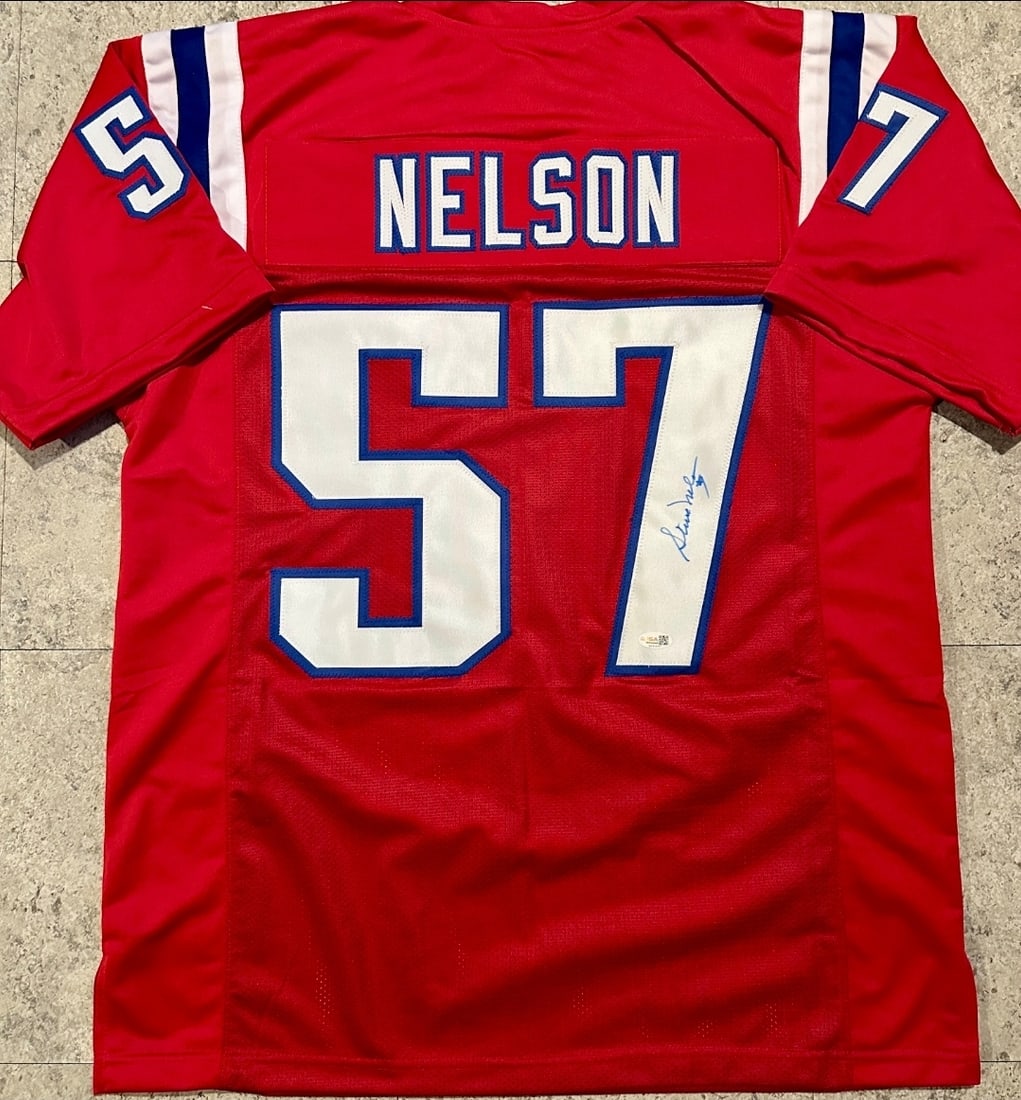 Steve Nelson New England Patriots Autographed Custom Football Jersey JSA Hologram: Steve Nelson New England Patriots Autographed Custom Football Jersey JSA Witnessed Hologram - Autograph Location & coa # may vary JERSEY SIZE EXTRA LARGE - CUSTOM JERSEY MEANS NO LOGOS, NO TEAM