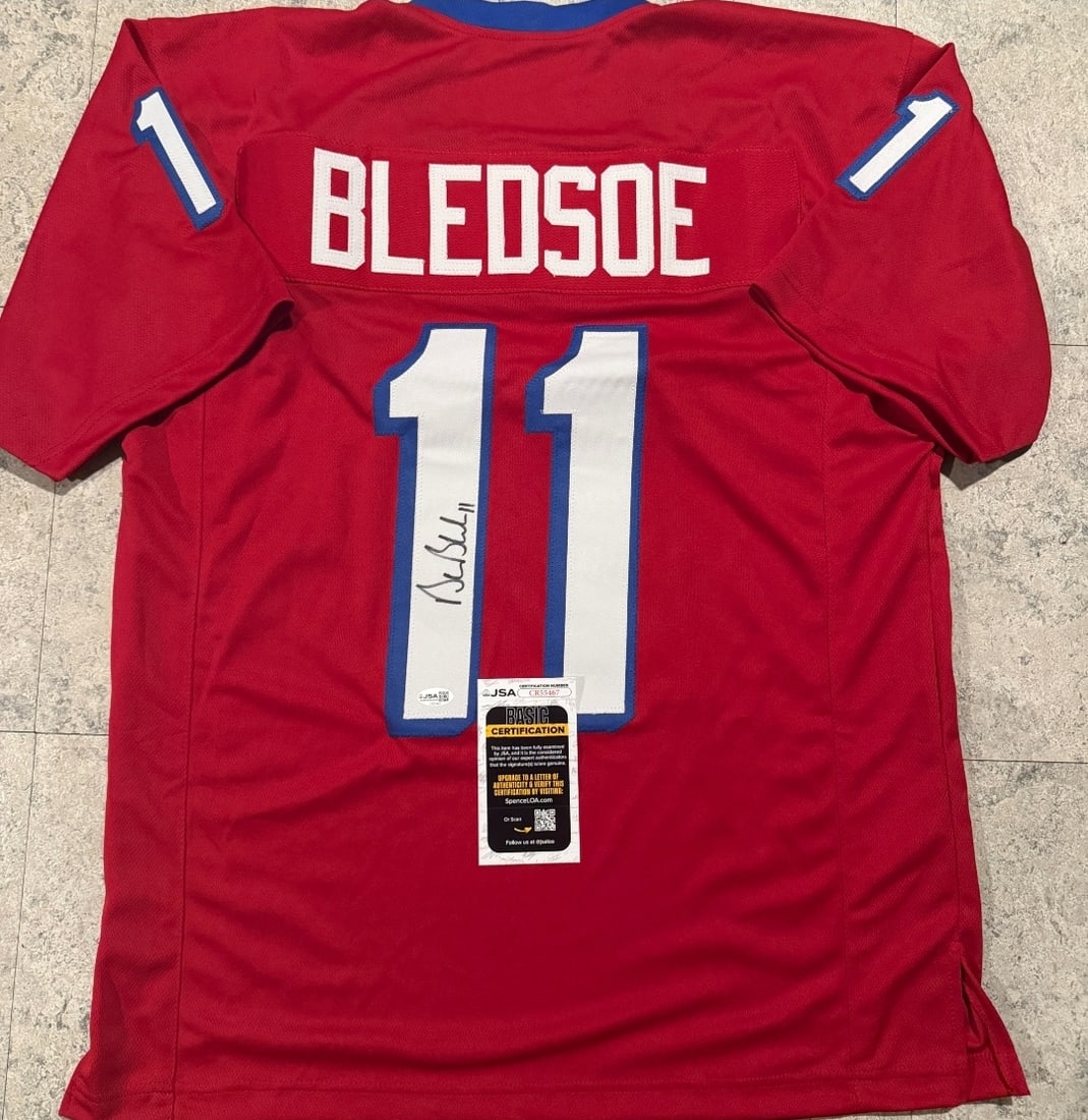 Drew Bledsoe New England Patriots Autographed Custom Football Jersey JSA Hologram: Drew Bledsoe New England Patriots Autographed Custom Football Jersey JSA QR HOLOGRAM (THERE IS A COA CARDS WITH QR CODE HOLGRAMS - SCAN QR CODE WITH CAMERA TO VERIFY AUTHENTICITY) - Autograph