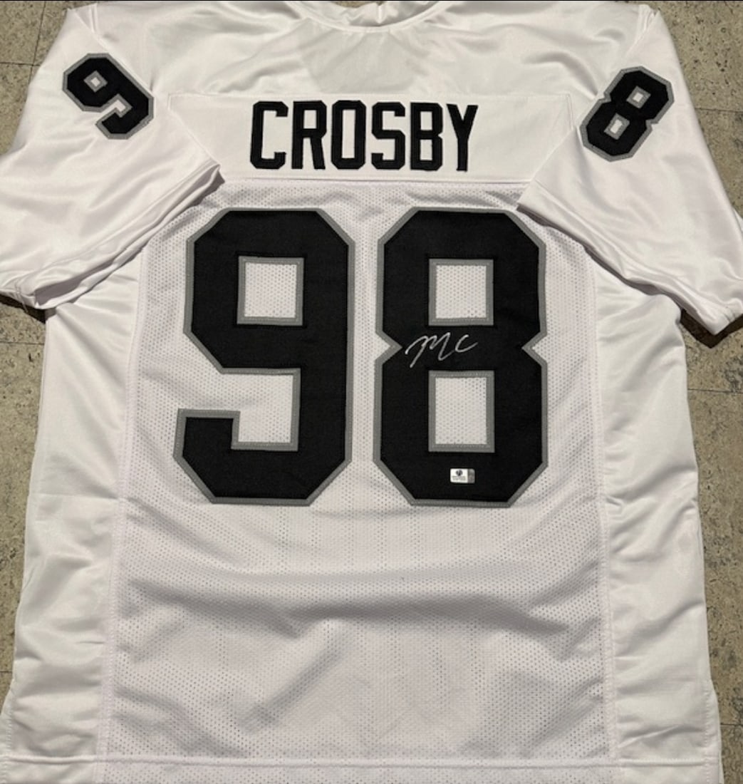 Maxx Crosby Las Vegas Raiders Autographed Custom Football Jersey coa: Maxx Crosby Las Vegas Raiders Autographed Custom Football Jersey GA coa - Autograph Location & coa # may vary JERSEY SIZE EXTRA LARGE - CUSTOM JERSEY MEANS NO LOGOS, NO TEAM NAMES, & NO BRAND NAMES