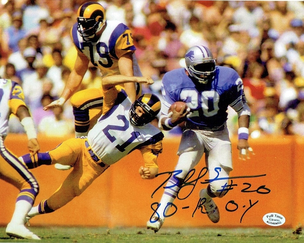 Billy Sims Detroit Lions Autographed & Inscribed 8x10 Photo coa: Billy Sims Detroit Lions Autographed & Inscribed "80 R.O.Y." 8x10 Photo Full Time Authentics coa - Autograph Location may vary
