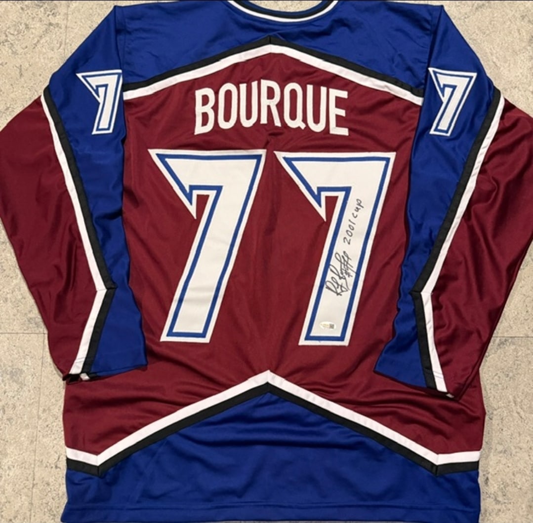 Ray Bourque Colorado Avalanche Autographed & Insc Custom Hockey Jersey JSA Hologram: Ray Bourque Colorado Avalanche Autographed & Inscribed "2001 CUP" Custom Hockey Jersey JSA Witnessed QR Hologram Included (THERE IS NO COA CARDS WITH QR CODE HOLGRAMS - SCAN QR CODE WITH CAMERA TO