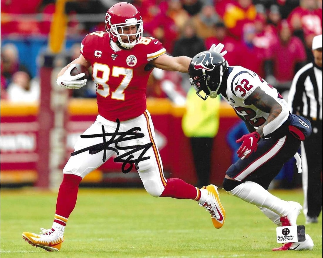 Travis Kelce Kansas City Chiefs Autographed 8x10 Photo coa: Travis Kelce Kansas City Chiefs Autographed 8x10 Photo w/GA coa- Autograph Location & coa # may vary The photo may have a tiny flaw (slight bend in corner, blemish on autograph on photo, etc.)