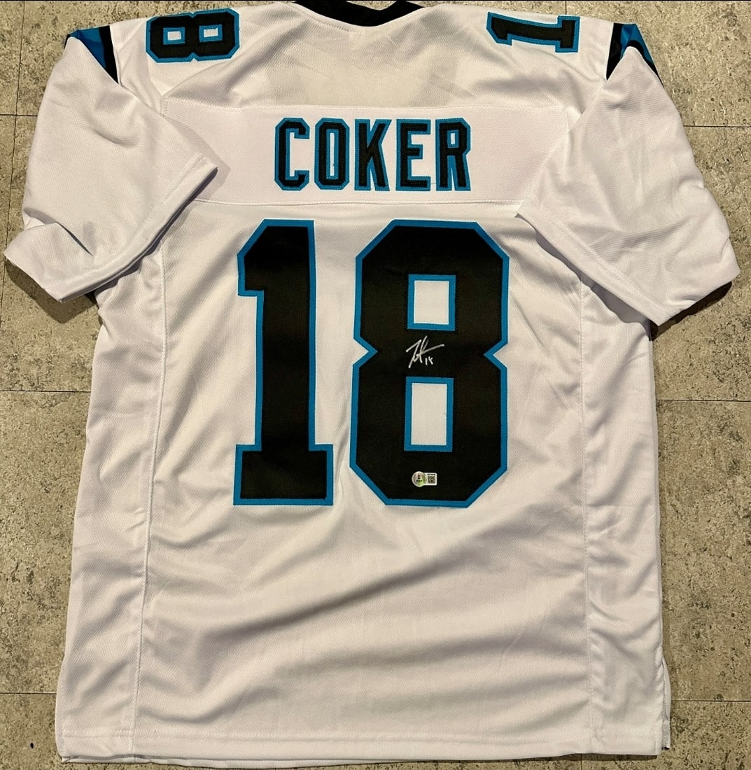 Jalen Coker Carolina Panthers Autographed Custom Football Jersey Beckett Hologram: Jalen Coker Carolina Panthers Autographed Custom Football Jersey Beckett QR HOLOGRAM (THERE IS NO COA CARDS WITH QR CODE HOLGRAMS - SCAN QR CODE WITH CAMERA TO VERIFY AUTHENTICITY) - Autograph Locatio