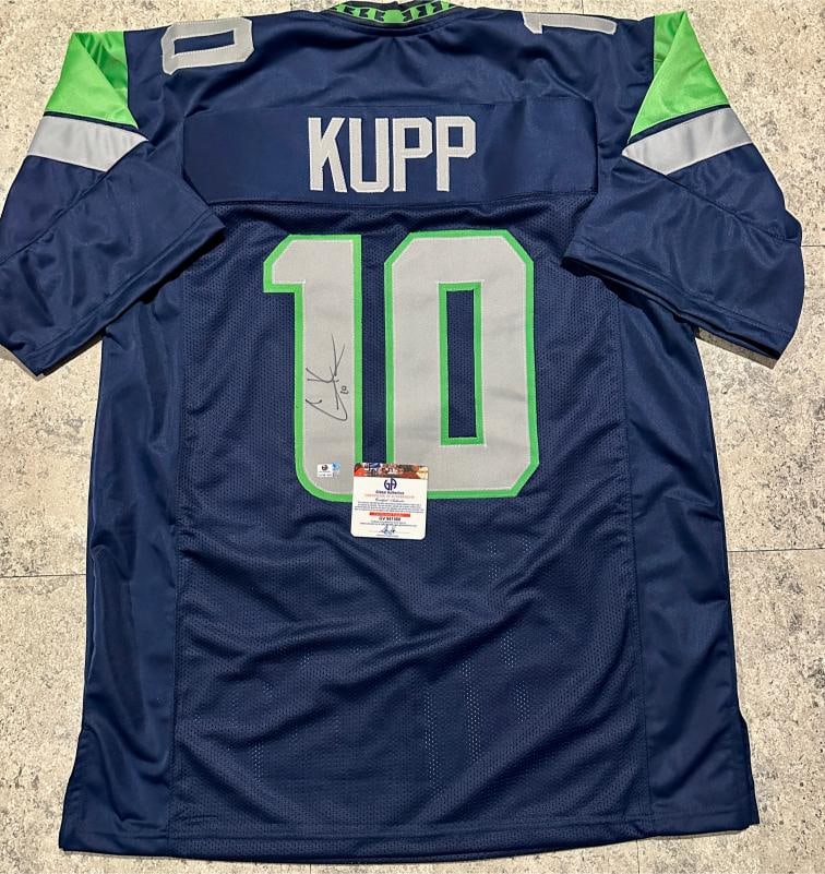 Cooper Kupp Seattle Seahawks Autographed Custom Football Jersey coa: Cooper Kupp Seattle Seahawks Autographed Custom Football Jersey GA coa - Autograph Location & coa # may vary JERSEY SIZE EXTRA LARGE - CUSTOM JERSEY MEANS NO LOGOS, NO TEAM NAMES, & NO BRAND NAMES
