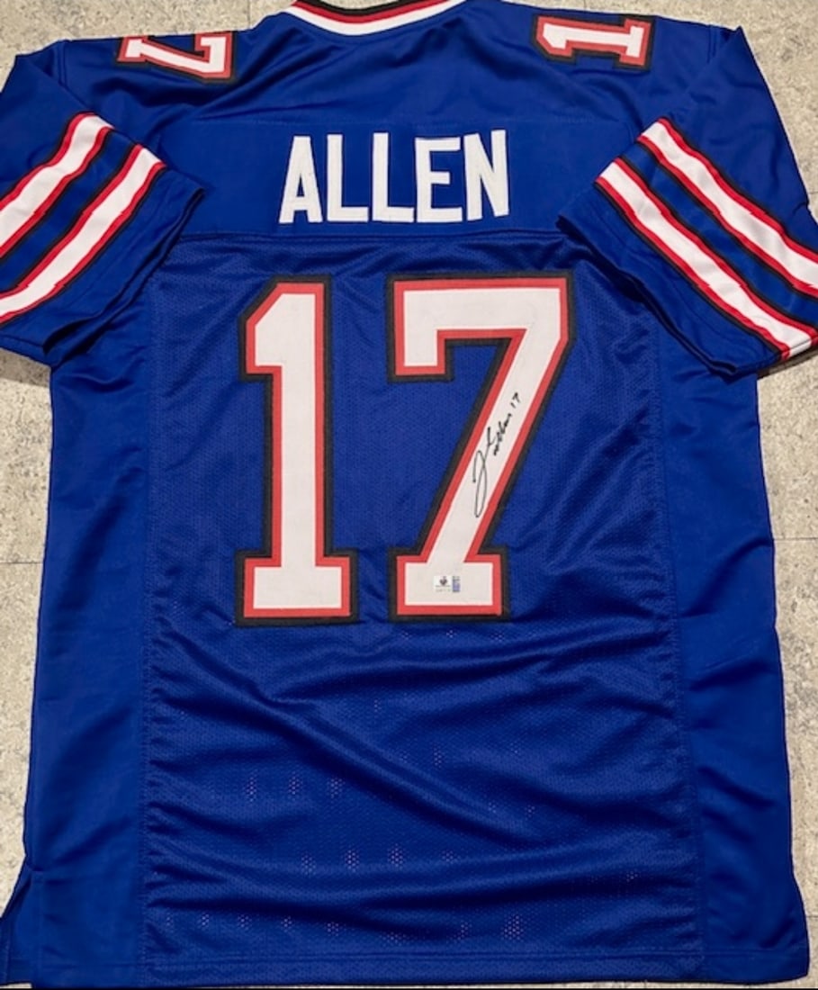 Josh Allen Buffalo Bills Autographed Custom Football Jersey coa: Josh Allen Buffalo Bills Autographed Custom Football Jersey GA coa - Autograph Location & coa # may vary JERSEY SIZE EXTRA LARGE - CUSTOM JERSEY MEANS NO LOGOS, NO TEAM NAMES, & NO BRAND NAMES