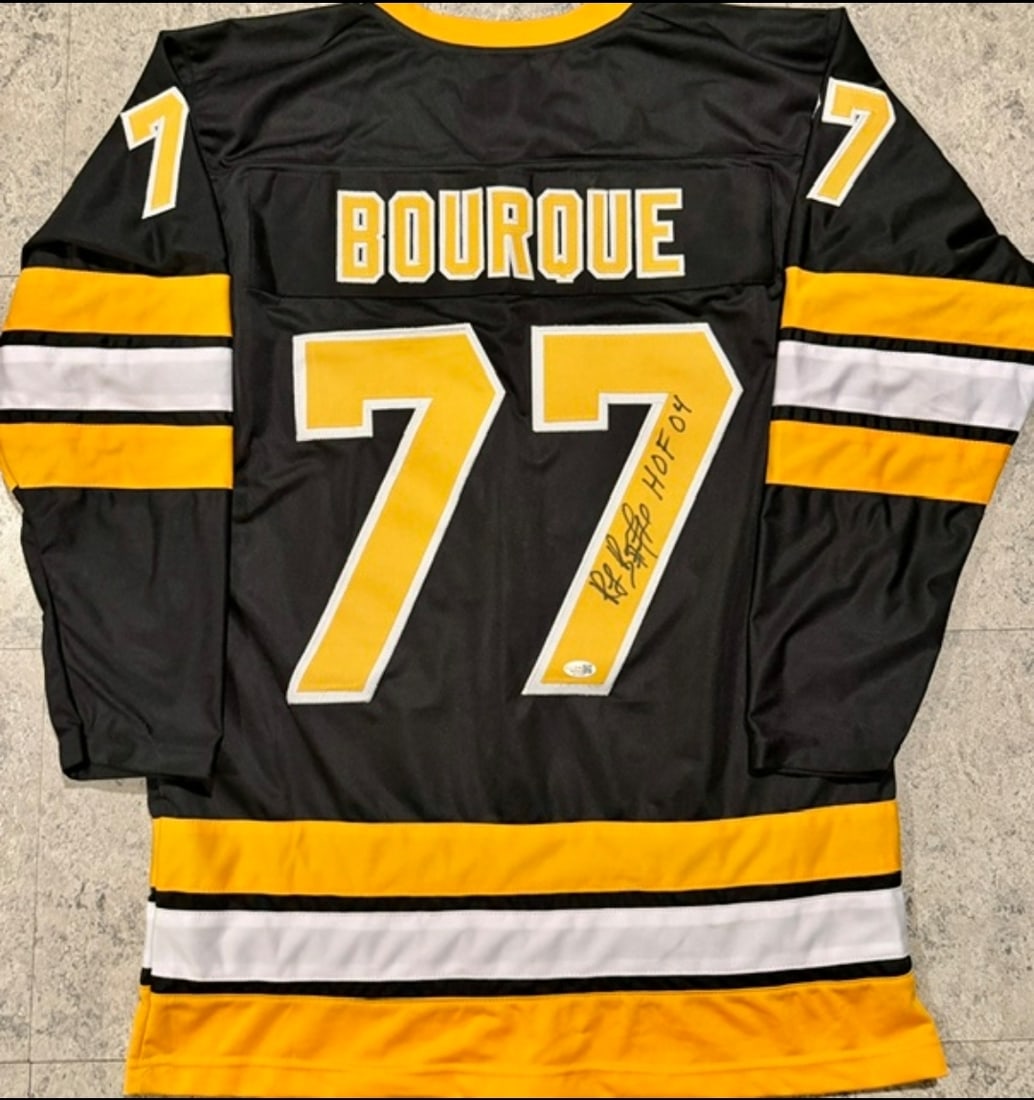 Ray Bourque Boston Bruins Autographed & Insc Custom Hockey Jersey JSA Hologram: Ray Bourque Boston Bruins Autographed & Inscribed "HOF 04" Custom Hockey Jersey JSA Witnessed QR Hologram Included (THERE IS NO COA CARDS WITH QR CODE HOLGRAMS - SCAN QR CODE WITH CAMERA TO VERIFY