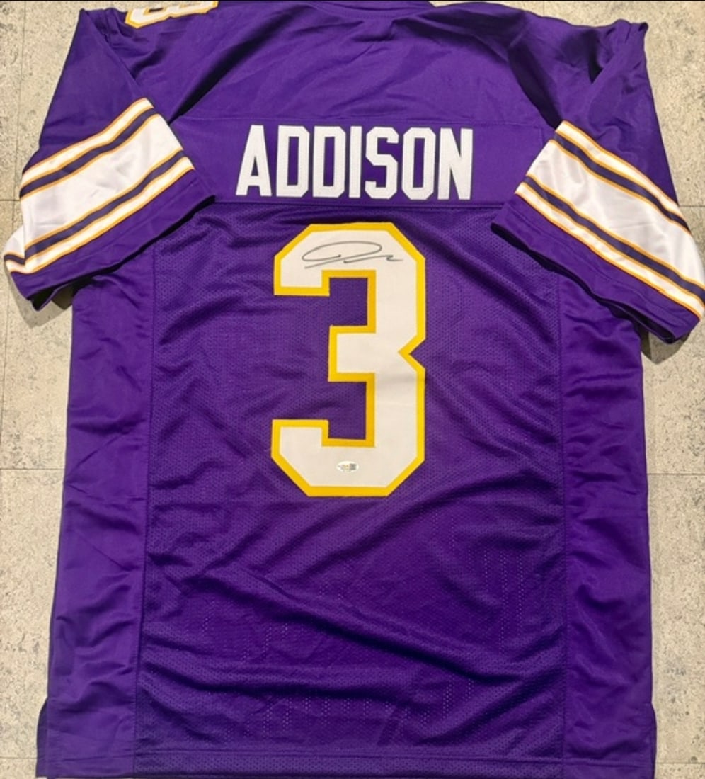 Jordan Addison Minnesota Vikings Autographed Custom Football Jersey Beckett Hologram: Jordan Addison Minnesota Vikings Autographed Custom Football Jersey Beckett Hologram - Autograph Location & coa # may vary JERSEY SIZE EXTRA LARGE - CUSTOM JERSEY MEANS NO LOGOS, NO TEAM NAMES, & NO