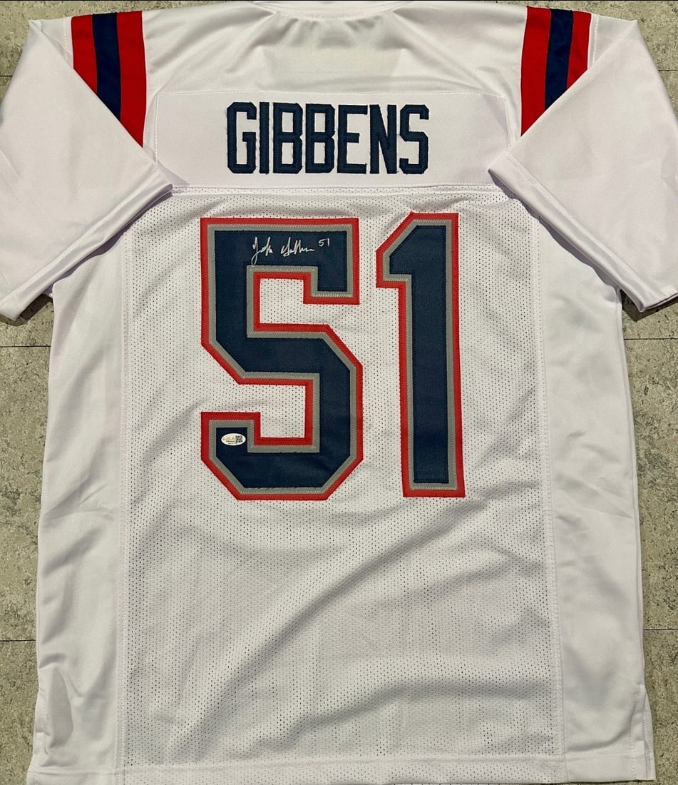 Jack Gibbens New England Patriots Autographed Custom Jersey JSA Hologram: Jack Gibbens New England Patriots Autographed Custom Football Jersey JSA Witnessed QR Hologram - THIS DOES NOT COME WITH A COA CARD! SCAN QR CODE TO VERIFY AUTHENTICITY! Autograph Location & coa #