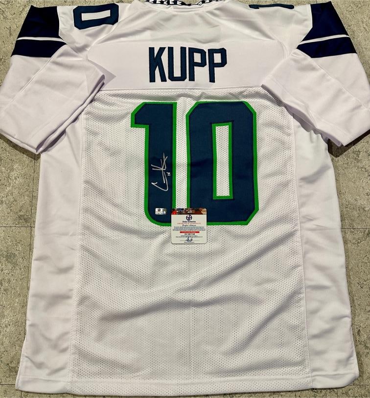 Cooper Kupp Seattle Seahawks Autographed Custom Football Jersey coa: Cooper Kupp Seattle Seahawks Autographed Custom Football Jersey GA coa - Autograph Location & coa # may vary JERSEY SIZE EXTRA LARGE - CUSTOM JERSEY MEANS NO LOGOS, NO TEAM NAMES, & NO BRAND NAMES