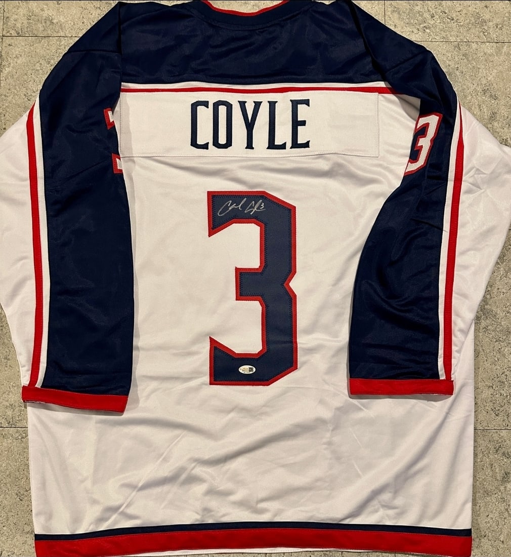 Charlie Coyle Columbus Blue Jackets Autographed Custom Hockey Jersey JSA Hologram: Charlie Coyle Columbus Blue Jackets Autographed Custom Hockey Jersey JSA Witnessed Hologram - THIS DOES NOT COME WITH A COA CARD! SCAN QR CODE TO VERIFY AUTHENTICITY! Autograph Location & coa # may va