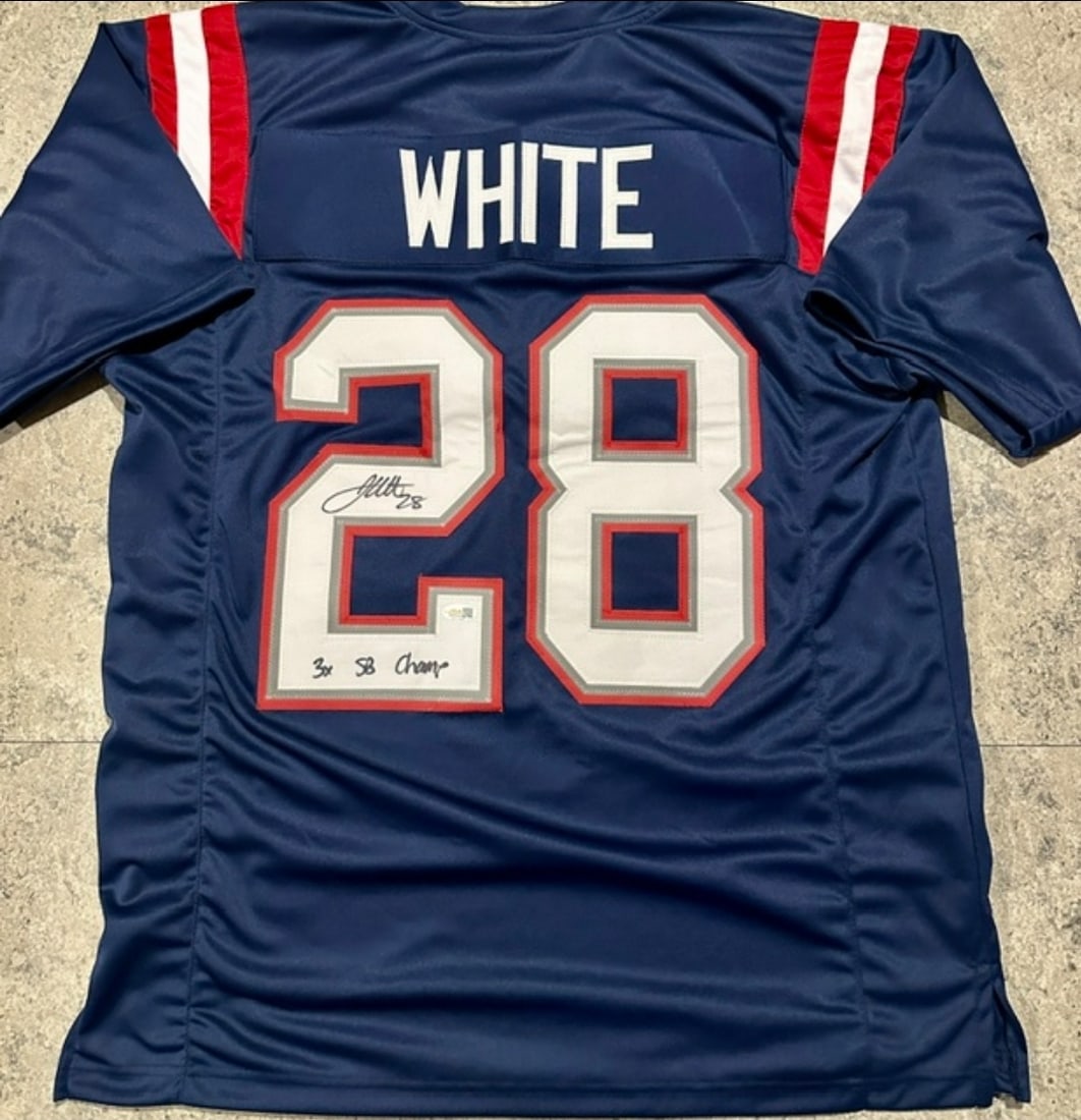 James White New England Patriots Autographed & Inscr Custom Football Jersey JSA HOLOGRAM: James White New England Patriots Autographed & Inscribed "3x SB Champ" Football Style Jersey JSA Witnessed QR HOLOGRAM (THERE IS NO COA CARDS WITH QR CODE HOLGRAMS - SCAN QR CODE WITH CAMERA TO VERIFY