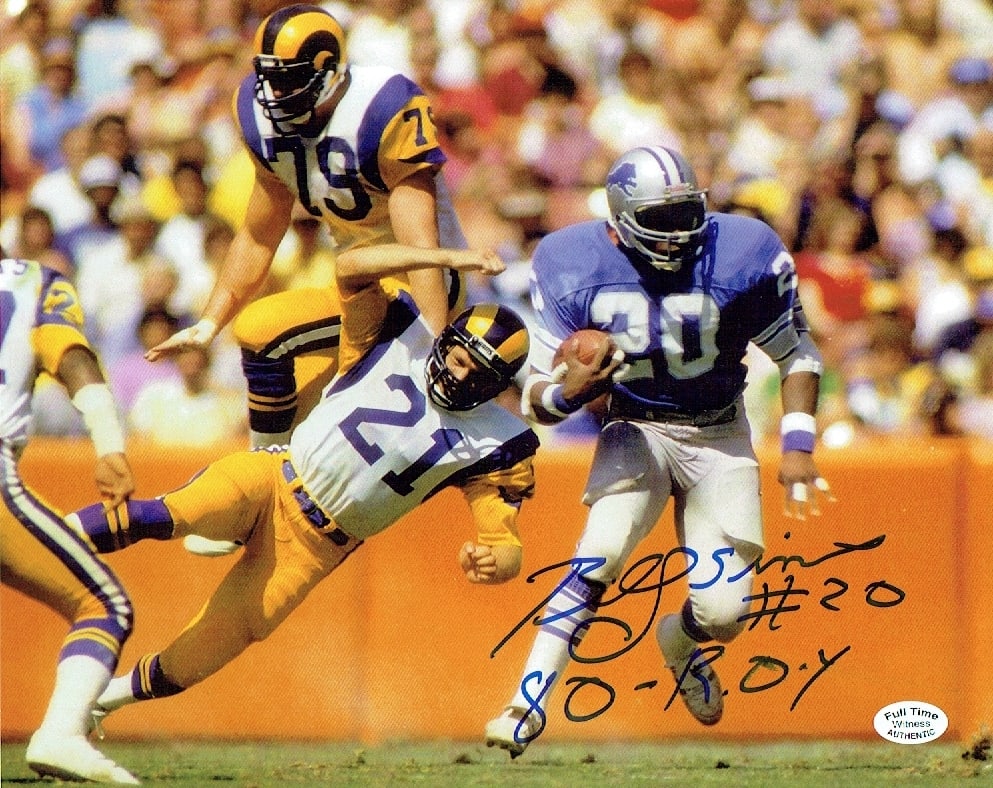 Billy Sims Detroit Lions Autographed & Inscribed 8x10 Photo coa: Billy Sims Detroit Lions Autographed & Inscribed "80 R.O.Y." 8x10 Photo Full Time Authentics coa