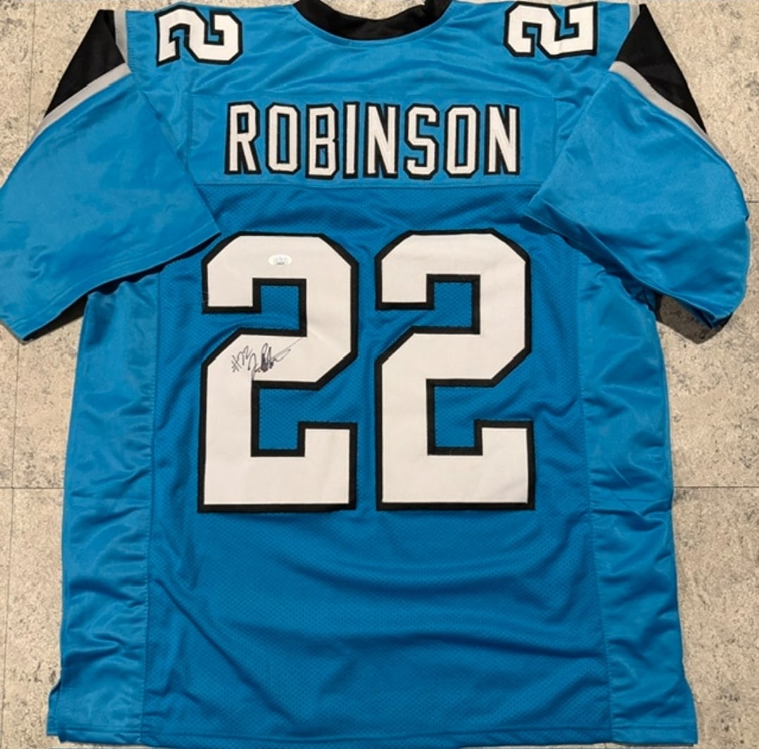 Jammie Robinson Carolina Panthers Autographed Custom Football Style Jersey JSA Sticker Only: Jammie Robinson Carolina Panthers Autographed Custom Football Style Jersey JSA Sticker Only (THERE IS NO COA CARD) - Autograph Location & coa # may vary JERSEY SIZE EXTRA LARGE - CUSTOM JERSEY MEANS
